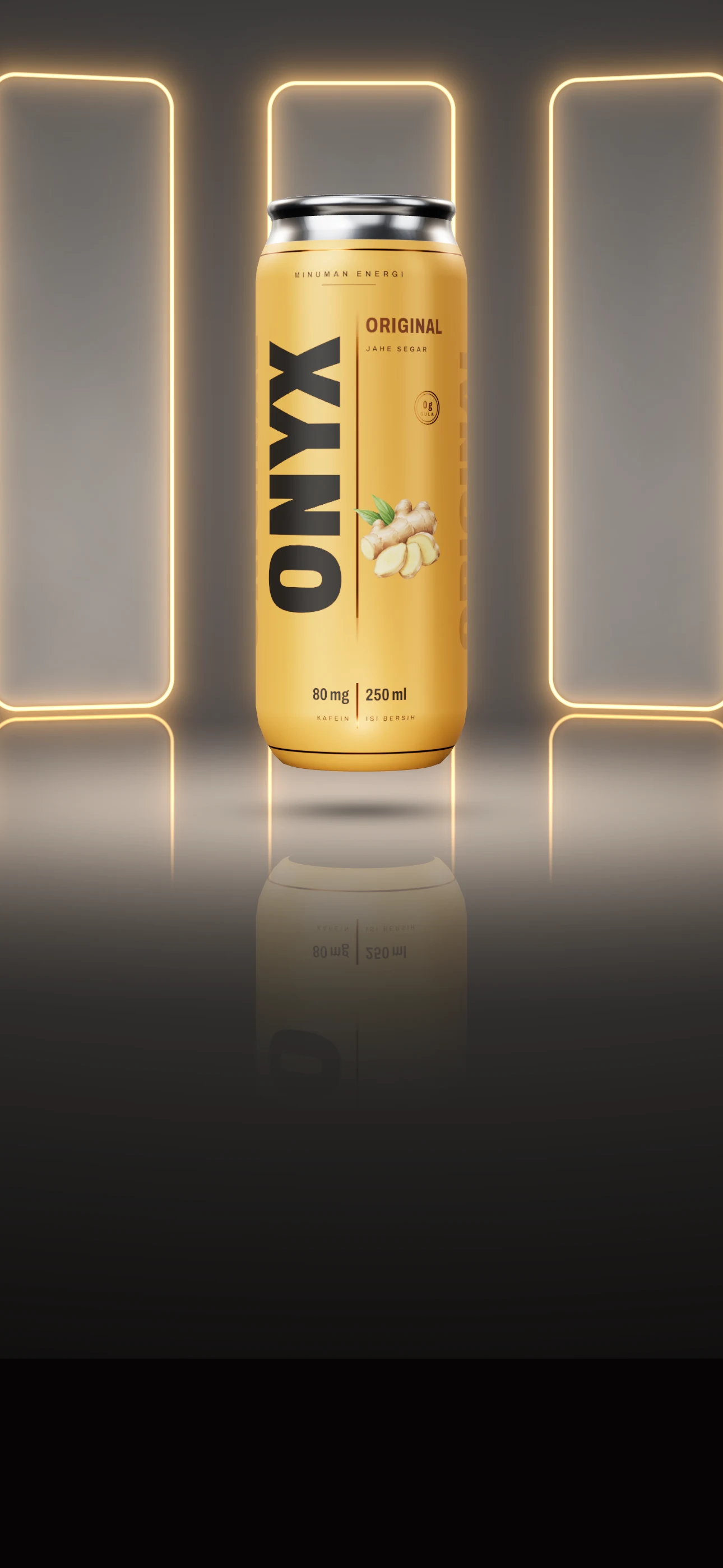 Kaleng Onyx Original: kaleng ramping berwarna kuning keemasan dengan nama ONYX tegak, di depan lima panel cahaya